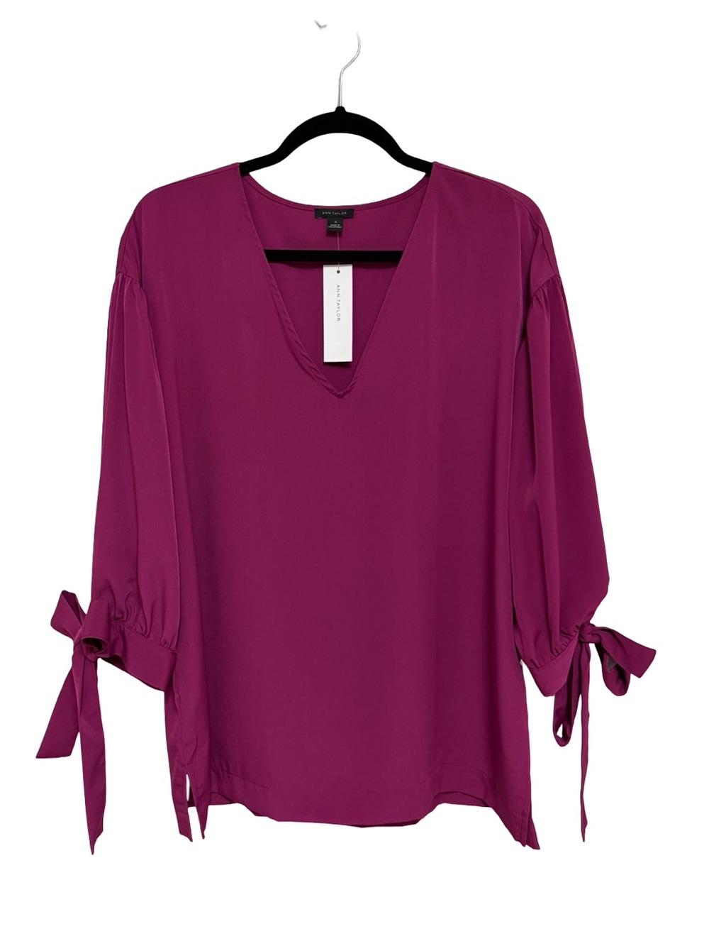 NEW Ann Taylor V-Neck Tie Sleeve Popover Blouse in Dark Pink - Size M